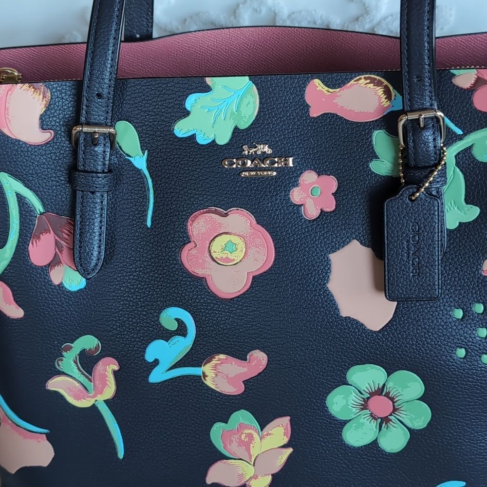 Coach 🌸 MOLLIE Floral Dreamy Land Print Leather Tote In Midnight - Picture 3 of 17